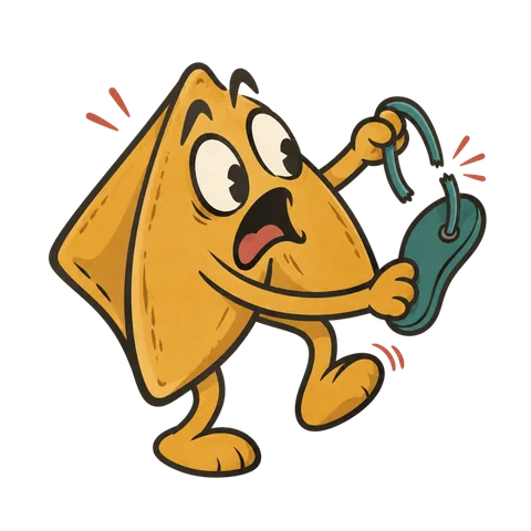 Bummah holding a broken slipper with the strap snapped, mouth open in dismay.