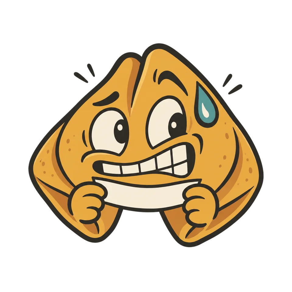 Bummah the fortune cookie peeking up from the bottom edge, wide-eyed and sweating, gripping a fortune slip with a nervous grin.