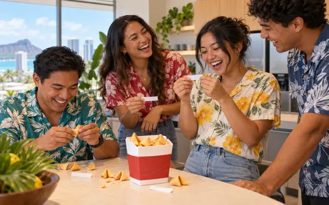 Illustration of coworkers laughing over fortune slips around a breakroom counter.