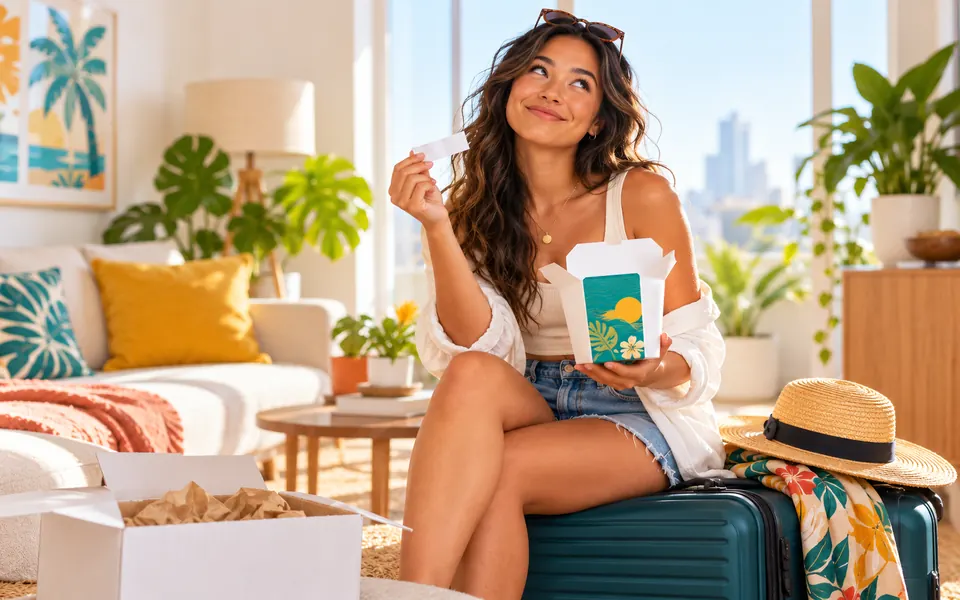 Illustration of a traveler sitting on a packed suitcase, smiling at a fortune slip and holding a takeout pail.