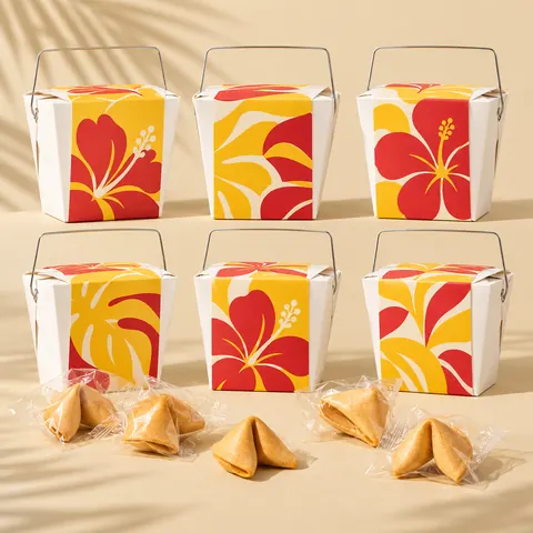 Concept art of “The Whole Family”: six takeout pails with hibiscus and monstera prints in a grid, with wrapped fortune cookies in front. The real pails are plain white.