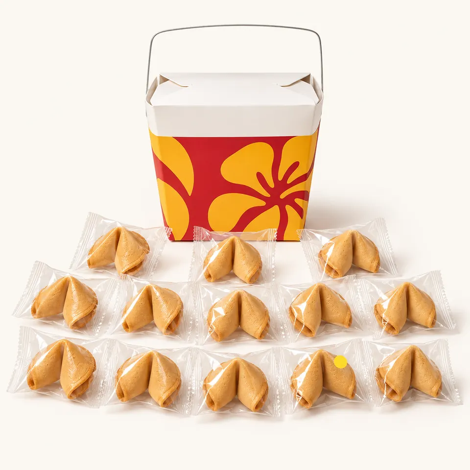 Concept art of “The Unlucky 13”: a takeout pail with a red and yellow floral print beside 13 wrapped fortune cookies, one marked with a yellow dot. The real pail is plain white.
