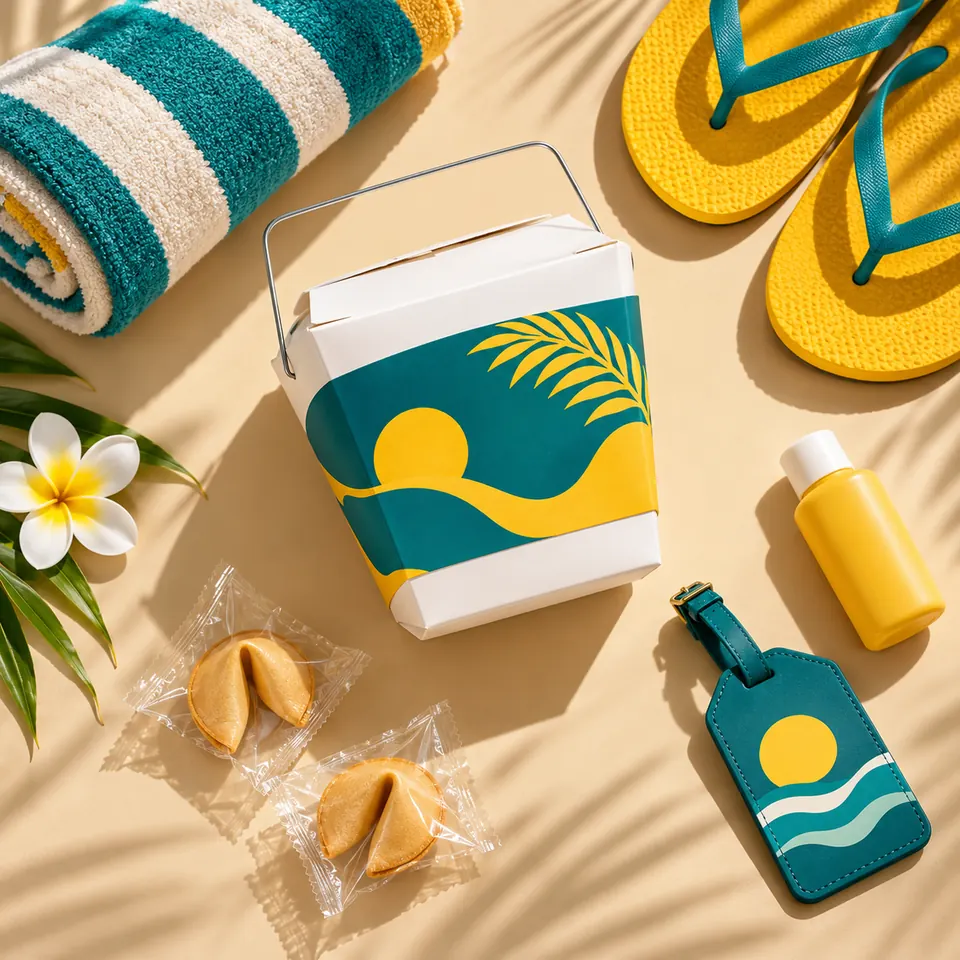 Concept art of “Have a Terrible Trip”: a takeout pail with a teal and yellow sun-and-wave print beside a beach towel, slippers, sunscreen and a luggage tag. The real pail is plain white. Props not included.