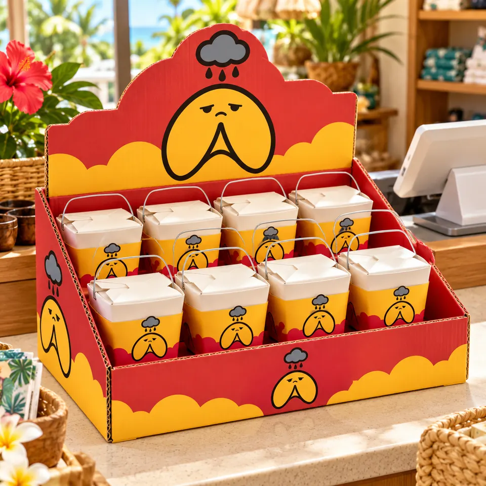 Illustration of a Bummahs countertop display of takeout pails beside a shop register.
